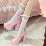 Hnzxzm Chunky Platform High Heels Buckle High Heels Round Bow Pumps Women Thick Heel Mary Jane Lolita Ankle Strap Cosplay Shoes