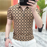 Hnzxzm Summer New Fashion Loose Casual Versatile Printed Half Zipper Short Sleeved Polo Shirt Men Lapel Korean Vintage Thin Top 2024