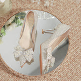 Hnzxzm Luxury Shiny Crystal Wedding Shoes Women Pearl Bowknot Thin Heels Pumps Woman Shining Pointed Toe High Heel Bridal Shoes