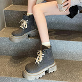 Hnzxzm Lace Up Women Motorcycle Boots Fashion British Style Shoes Autumn Winter Thick High Heel Women's Short Booties