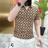 Hnzxzm Summer New Fashion Loose Casual Versatile Printed Half Zipper Short Sleeved Polo Shirt Men Lapel Korean Vintage Thin Top 2024