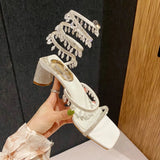 Hnzxzm Summer Women's Sandals Luxury Club Square Toe Pendant Rhinestone Snake Pattern White Heel Sandals Wedding Party Shoes