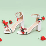 Hnzxzm Summer Sweet Strawberry Flower Sandals Sweet Girl Ankle Strap Open Toe Lace Bowknot Shoes Chunky Square Heel Daily Wear Pumps