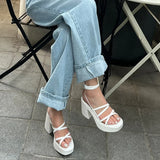 Hnzxzm New Summer Elegant Strap Solid Color Square Toe Sandals Shoes Fashion Platform Bottom Soft Sole Anti-Slip High Heel zapatos