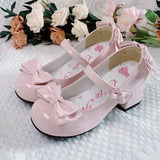 Hnzxzm Lolita Style Cute Round Head  Jane Pumps With Bow Women's Sweet Party Dress Midi Heels Shoes Fashion PU Sandals