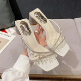 Hnzxzm 2024 Summer Women's Fashion Slippers Crystal Pendant Rhinestone PVC Middle Heel Slippers Wedding Bridal Party Shoes