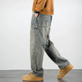 Hnzxzm American Casual Men Yellow Mud Dyed Jeans Spring Autumn Vintage Oversize Pants Streetwear Fashion Baggy Straight Wide Trousers