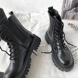 Hnzxzm Lace Up Women Ankle Boots PU Leather Winter Woman Biker Boots Chunky Boots Fashion Black Combat Boots Zip Platform Boots