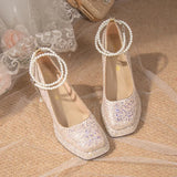 Hnzxzm Luxury Gold Glitter High Heels Pumps for Women Spring Pearl Ankle Strap Wedding Shoes Woman Chunky Platform Mary Jane Shoes