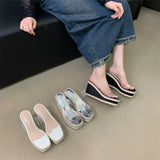 Hnzxzm Transparent Women Slippers Slides Wedge High Heels Slip On Jelly Shoes Fashion Outside Weave Design Party Pumps Shoes Woman 39