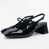 Hnzxzm Chunky High Heels Sandals for Woman Round Toe Patent Leather Summer Slingbacks 2024 Fashion Shallow Ladies Mary Janes Shoes