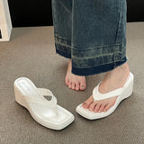 Hnzxzm White Square Toe Wedge Flip Flops Women Korean Style Clip Toe Platform Sandals Woman Summer Outdoor Non Slip Beach Slippers