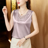 Hnzxzm Fashion Woman Sleeveless Silk Shirts and Blouses Summer Elegant Youth Loose Casual Satin Top Solid V Neck Clothes