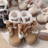 Hnzxzm Trendy Mid-term Plush Boots Winter Plush New Cute Flat Bottomed Round Bow Casual Women's Snow Boots Zapatos Mujer Sneakers