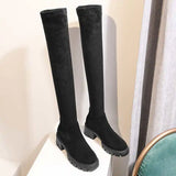 Hnzxzm Big Size Cow Leather Stretch Over-the-knee Boots Platform Round Toe High Heels Winter Women Warm Thigh High Boots