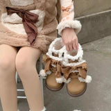 Hnzxzm Trendy Mid-term Plush Boots Winter Plush New Cute Flat Bottomed Round Bow Casual Women's Snow Boots Zapatos Mujer Sneakers