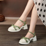 Hnzxzm Sandals for Women Green Footwear Closed Summer 2024 Bow Square Heels Low Ladies Shoes Vintage