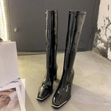 Hnzxzm Boots Long Footwear Winter Knee High Shaft Shoes for Women Very Heel Square Toe Platform Trend 2024 Waterproof Y2k Pu New