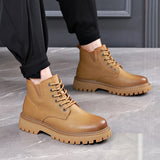 Hnzxzm Workwear Shoes Mens Low Top Outdoor Mid Durable Yellow Boots Thick Soles Big Genuine Leather Retro Martin Boots Cow Tendon Soles