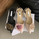 Hnzxzm Flower Designer Sandals Women Elegant Satin Mule Shoes 2024 Summer Pointed Toe Pumps Low Heel Flowers Slingback Sandals Female