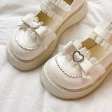 Hnzxzm Kawaii Lace Bowknot White Lolita Shoes Women Heart Buckle Platform Mary Janes Woman Japanese Style Patent Leather Jk Shoes