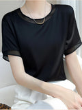 Hnzxzm Fashion Women's T-shirt Short Sleeve Silk Oversized T-shirt O Neck Casual Satin Tees Summer Solid Champagne Loose T-shirts Woman