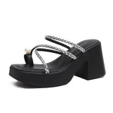 Hnzxzm Summer Clip Toe Women Slipper Fashion Elegant Crystal Narrow Band Thick Heel Slides Ladies Elegant Dress Sandalias Shoes