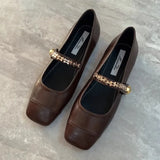 Hnzxzm 2024 Spring Brown Single Shoes Simple Style New Flat French Beautiful Elegant Women Square Head  Women's Shoes