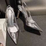 Hnzxzm Shiny High Heels Slingback Women Pumps Metallic Crystal Sandals Pointy Toe Stiletto Heeled Shoes Silver Party Dress Shoes Woman