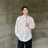 Hnzxzm 2024 Summer New Men's Personalized Butterfly Embroidery Shirt Hollow Out Long Sleeve Fashion Loose Single Breasted Tops