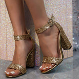 Hnzxzm 2024 New Luxury Women Sandals Shiny Bow Sequins Gold Silver Buckle Thick Heels High Heels Party Wedding Shoes