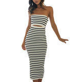 Hnzxzm Chic and Elegant Women Tube Dress Strapless Backless Hollowed Striped Patchwork Long Dress Clubwear Robe Femme