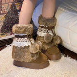 Hnzxzm Faux Fur  Women Winter Snow  Luxury Fluffy Fuzzy  Warm Cozy Waterproof Platform Lace-up Mid-Calf Ski Boots 2024 New Hot