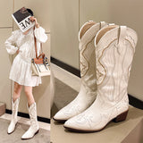 Hnzxzm Women's Boots Retro Autumn Winter White Knee High Boots Big Size 41 Women Comfy Walking Female Western Cowboy Boot Women's Shoes