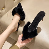 Hnzxzm Sexy Fur Pointed Toe Women Elegant Home Slippers High Heels Fashion Warm Designer Winter Pumps Shoes 2024 New Trend Female Botas