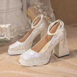 Hnzxzm Luxury Gold Glitter High Heels Pumps for Women Spring Pearl Ankle Strap Wedding Shoes Woman Chunky Platform Mary Jane Shoes