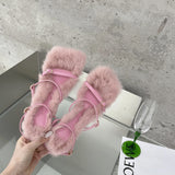 Hnzxzm 2025 New Brand Plush Fur Fuzzy Sandals Women Thin Heels Fashion Square Toe Ankle Lace Up Buckle Strap Slides Shoes