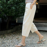 Hnzxzm Cotton Linen Pants Women's Summer Loose Solid Harem Pants Female High Waist Large Size Casual Khaki Calf-Length Pants  Women