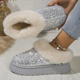 Hnzxzm Ankle Snow Boots Women Winter 2024 New Fashion Shiny Fur Short Plush Warm Flats Slippers Platform Shoes Indoor Cotton Flip-Flops