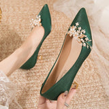 Hnzxzm Flowers Pointed Toe Pumps for Women New Green Silk Low Heels Shoes Woman Slip on Thin Heeled Lady Shoes Green Party Shoes