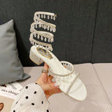 Hnzxzm Summer Women's Sandals Luxury Club Square Toe Pendant Rhinestone Snake Pattern White Heel Sandals Wedding Party Shoes