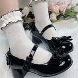 Hnzxzm Lolita Style Cute Round Head  Jane Pumps With Bow Women's Sweet Party Dress Midi Heels Shoes Fashion PU Sandals