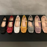 Hnzxzm Brand Luxury Satin Silk Ballet Shoes Woman Classic Square Toe Bowtie Elastic Band Ballerina Flats Ladies Soft Loafers M