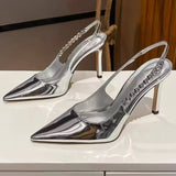 Hnzxzm Shiny High Heels Slingback Women Pumps Metallic Crystal Sandals Pointy Toe Stiletto Heeled Shoes Silver Party Dress Shoes Woman