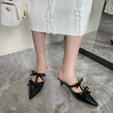 Hnzxzm Casual Women Slippers Pointed Toe Black White Pink Bow Design Shallow Slip On Mules Shoes Thin Low Heels Summer Outside Pumps