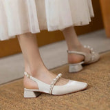 Hnzxzm New Women Sandals Satin  Square Heel Square Toe Buckle Strap Novelty Street Style British Style Pearl Belt Shoes For Women