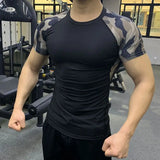 Hnzxzm Sports Quick Drying Sweat Wicking Breathable Elastic Short Sleeved T-shirt Men's O-neck Panelled Running Camouflage Fitness Tops