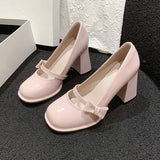 Hnzxzm Elegant Heel Shoes Ladies 8cm High Heel Bowknot Solid Mary Jane Zapatos Adult Dress Pink White Black Cosplay Footwear