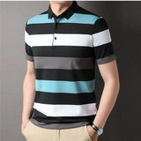 Hnzxzm Summer Men's Polo Shirt Fashion Striped Smart Casual Short Sleeve Tops Slim Turn Down Collar Cotton Breathable Polo Shirt Men