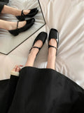 Hnzxzm One line Mary Jane shoes with genuine leather and versatile shallow cut thick heels French style single shoes